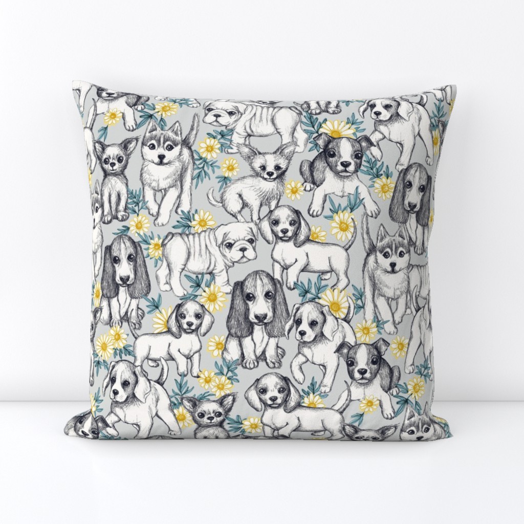 Dogs and Daisies on Grey