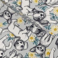 Dogs and Daisies on Grey