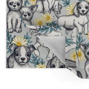 Dogs and Daisies on Grey