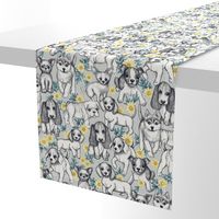 Dogs and Daisies on Grey