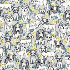 Dogs and Daisies on Grey