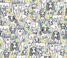 Dogs and Daisies on Grey