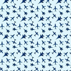 Watercolor airplanes on blue, tiny scale