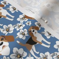 Beagle Dogs White Magnoila Flowers Small PrintBlue Denim Dog floral fabric puppy