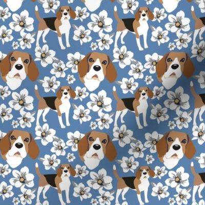 Beagle Dogs White Magnoila Flowers Small PrintBlue Denim Dog floral fabric puppy