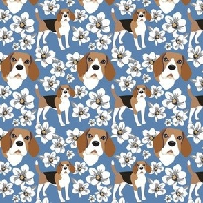 Beagle Dogs White Magnoila Flowers Small PrintBlue Denim Dog floral fabric puppy