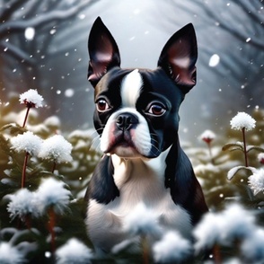 Snow Pup Boston Terrier Dog and snow flowers