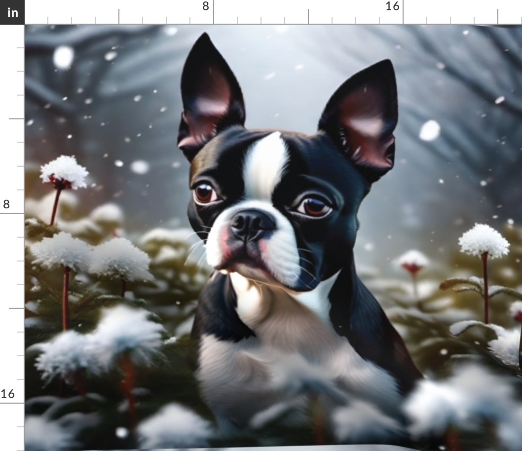 Snow Pup Boston Terrier Dog and snow flowers