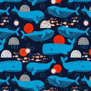 SMALL - whales block print fabric // fish water whales sea block print