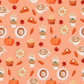 watercolor psl - pumpkin spice latte, coffee, latte, pumpkin, fall, autumn fabric -soft orange