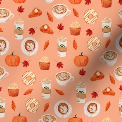 SMALL -watercolor psl - pumpkin spice latte, coffee, latte, pumpkin, fall, autumn fabric -soft orange
