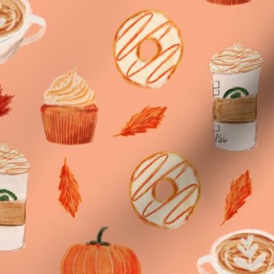 LARGE - watercolor psl - pumpkin spice latte, coffee, latte, pumpkin, fall, autumn fabric -soft orange