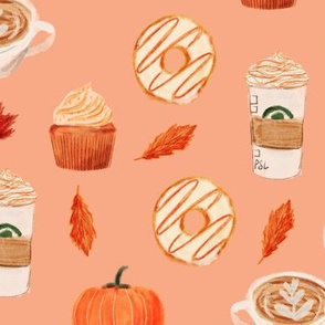 LARGE - watercolor psl - pumpkin spice latte, coffee, latte, pumpkin, fall, autumn fabric -soft orange