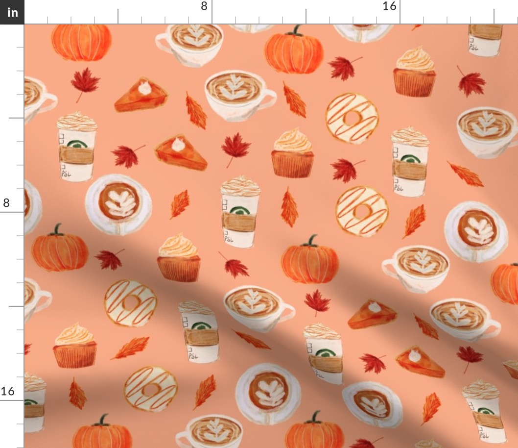 LARGE - watercolor psl - pumpkin spice latte, coffee, latte, pumpkin, fall, autumn fabric -soft orange