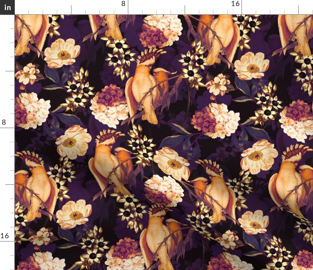 12" Pierre-Joseph Redouté tropicals - sepia Lush hawaiian tropical vintage parrot Jungle summer paradise in purple cream