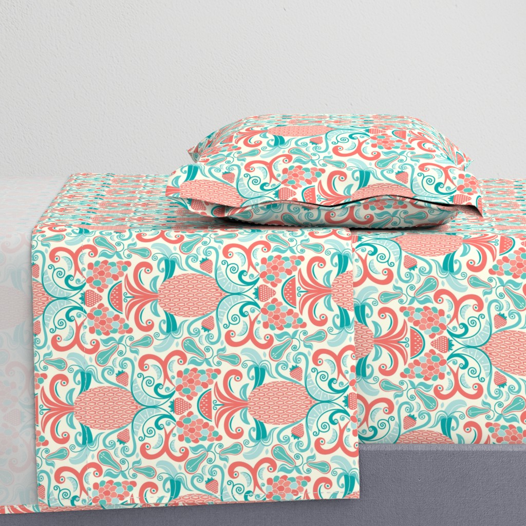 Ambrosia - Fruit Damask Pineapple Coral Aqua Cream Larger Scale