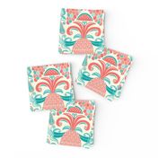 Ambrosia - Fruit Damask Pineapple Coral Aqua Cream Larger Scale