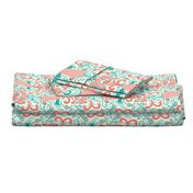 Ambrosia - Fruit Damask Pineapple Coral Aqua Cream Larger Scale