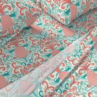 Ambrosia - Fruit Damask Pineapple Coral Aqua Cream Larger Scale