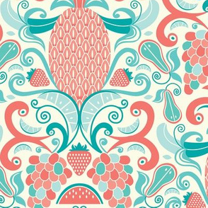 Ambrosia - Fruit Damask Pineapple Coral Aqua Cream Larger Scale