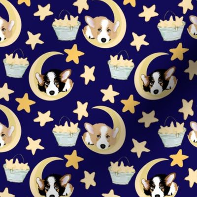 4" cute black and tan welsh cardigan corgi sleeping on the moon and stars adorable painted corgis design corgi lovers will adore this lovely fabric