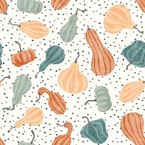 Fall Gourds - fall colors on dark polka dots - winter squash thanksgiving - LAD19