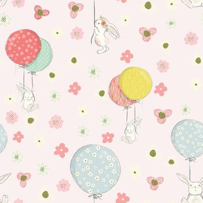 9" Spring is in the air- Little Bunnies and Cute Florals - baby girls fabric - spring animals flower fabric, baby fabric