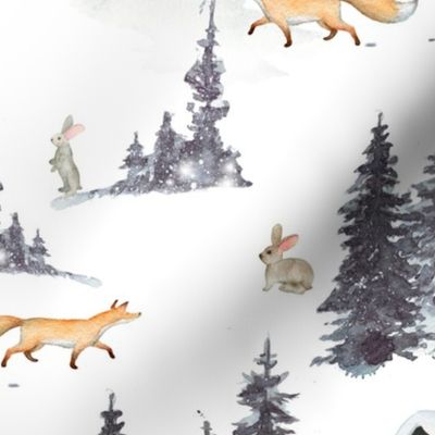 13" snowy winter woodland with forest animals 