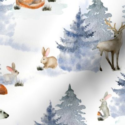 10" snowy winter woodland with forest animals 