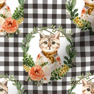 8" Miss Kitty Floral Wreath Brown Gingham