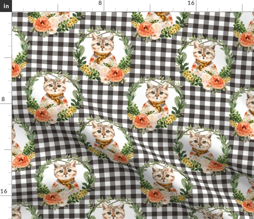 8" Miss Kitty Floral Wreath Brown Gingham