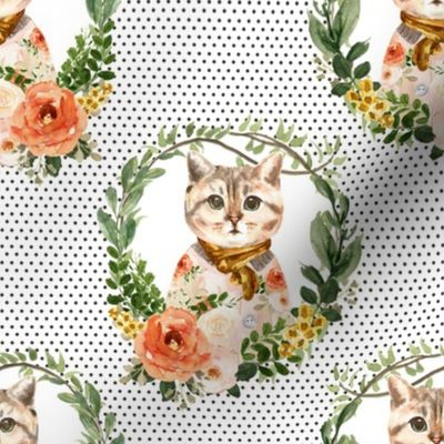 8" Miss Kitty Floral Wreath Brown Polka Dots