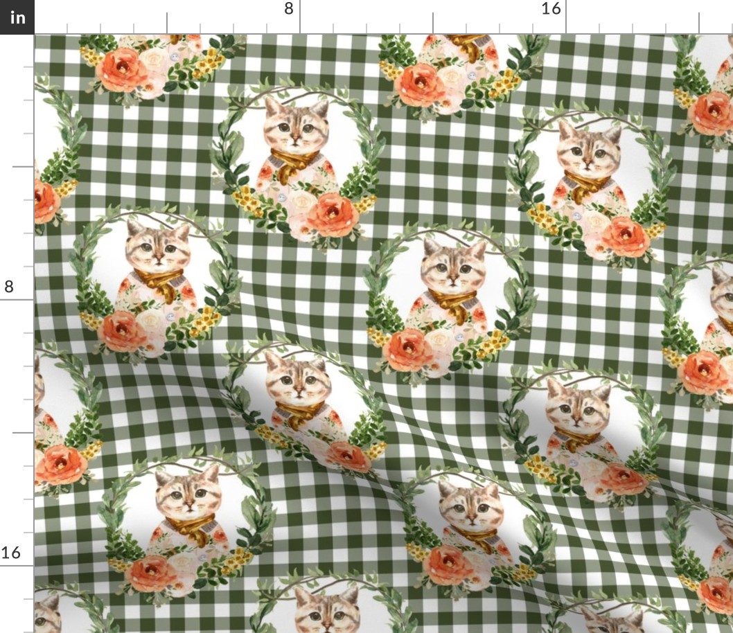8" Miss Kitty Floral Wreath Olive Gingham