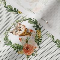 4" Miss Kitty Floral Wreath Olive Polka Dots White Back