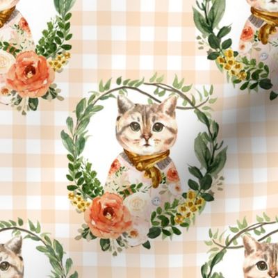 8" Miss Kitty Floral Wreath Peach Gingham