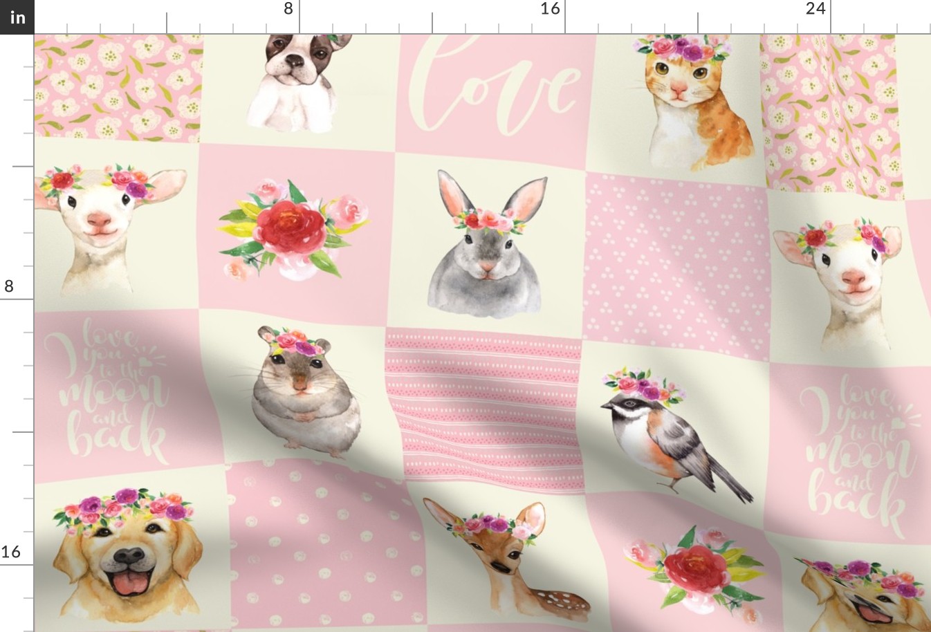 21" Animal Flower Garden- flowers and Cute Animals Patchwork - baby girls quilt cheater quilt fabric - spring animals flower fabric, baby fabric, cheater quilt fabric 