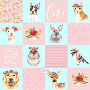 18" Animal Flower Garden- flowers and Cute Animals Patchwork - baby girls quilt cheater quilt fabric - spring animals flower fabric, baby fabric, cheater quilt fabric 
