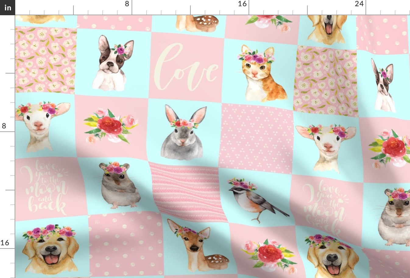 18" Animal Flower Garden- flowers and Cute Animals Patchwork - baby girls quilt cheater quilt fabric - spring animals flower fabric, baby fabric, cheater quilt fabric 