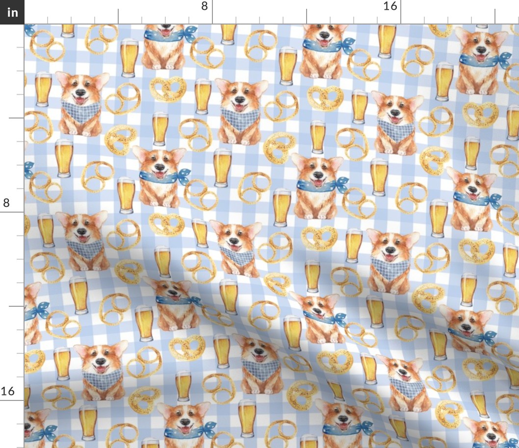 6"  cute welsh cardigan corgi celebrating oktoberfest with beer and pretzel adorable painted corgis design corgi lovers will adore this lovely fabric