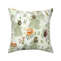 18" Woodland Animals in Forest, Owl and Fox,Mouse and Hedgehog, Woodland fabric, woodland animals fabric white