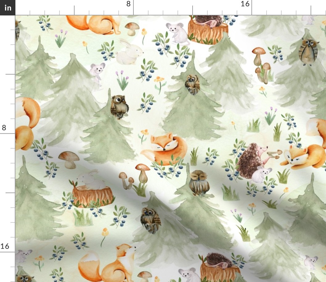 18" Woodland Animals in Forest, Owl and Fox,Mouse and Hedgehog, Woodland fabric, woodland animals fabric white