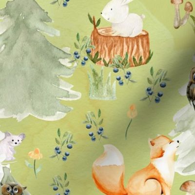 18" Woodland Animals in Forest, Owl and Fox,Mouse and Hedgehog, Woodland fabric, woodland animals fabric dark green