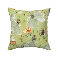 18" Woodland Animals in Forest, Owl and Fox,Mouse and Hedgehog, Woodland fabric, woodland animals fabric dark green