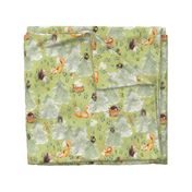 18" Woodland Animals in Forest, Owl and Fox,Mouse and Hedgehog, Woodland fabric, woodland animals fabric dark green