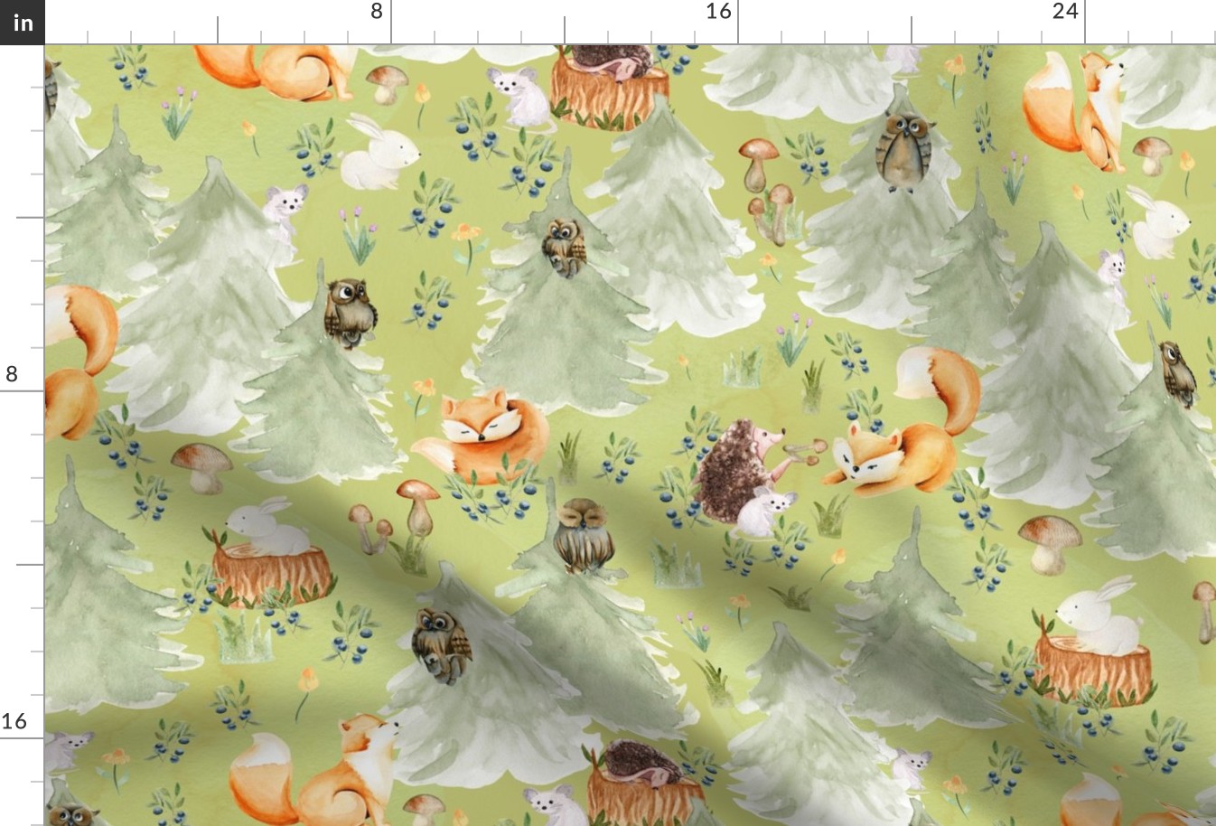 18" Woodland Animals in Forest, Owl and Fox,Mouse and Hedgehog, Woodland fabric, woodland animals fabric dark green