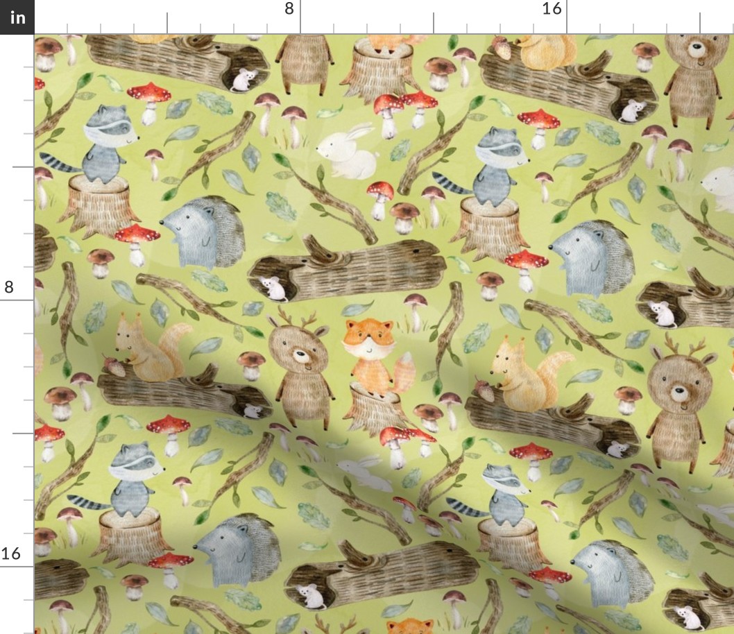 18" Woodland Adventure Fun - Deer Bear Fox Raccoon Hedgehog- Woodland fabric, woodland animals fabric dark green