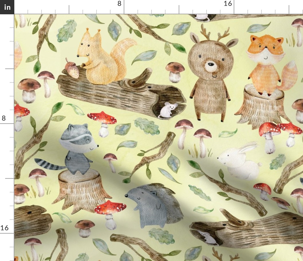 18" Woodland Adventure Fun - Deer Bear Fox Raccoon Hedgehog- Woodland fabric, woodland animals fabric dark