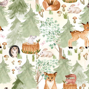 18" Woodland Adventure Awaits - Deer Fox Hedgehog Mice and Bunny - Woodland fabric, woodland animals fabric white
