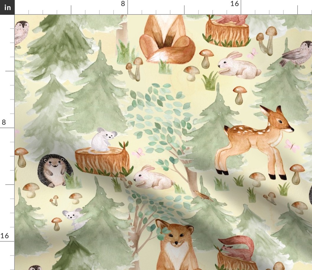 18" Woodland Adventure Awaits - Deer Fox Hedgehog Mice and Bunny - Woodland fabric, woodland animals fabric dark