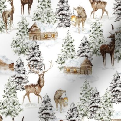 Snowy winter landscape with magical vintage shiny houses and watercolor  animals like deer fox wolf  in snow winter wonderland